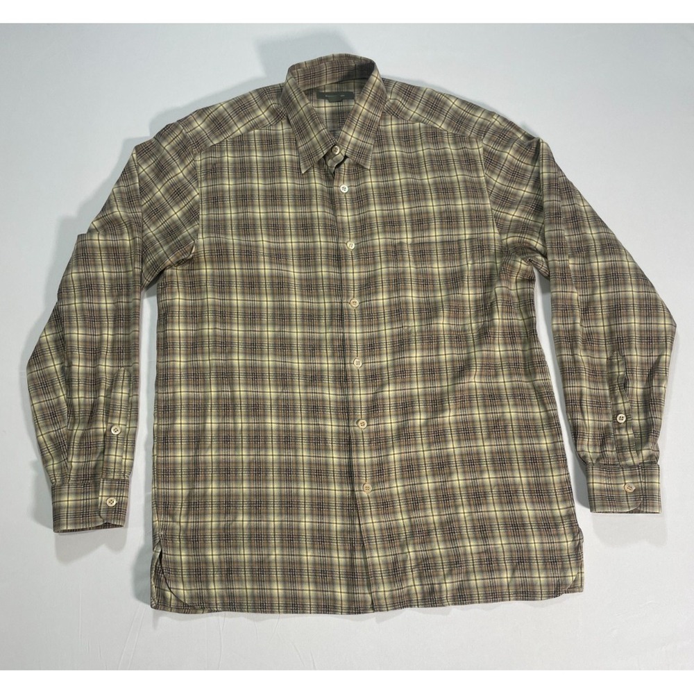 Ermenegildo Zegna Men's Shirt Large‎ Long Sleeve Plaid Cotton Viscose Brown Blue